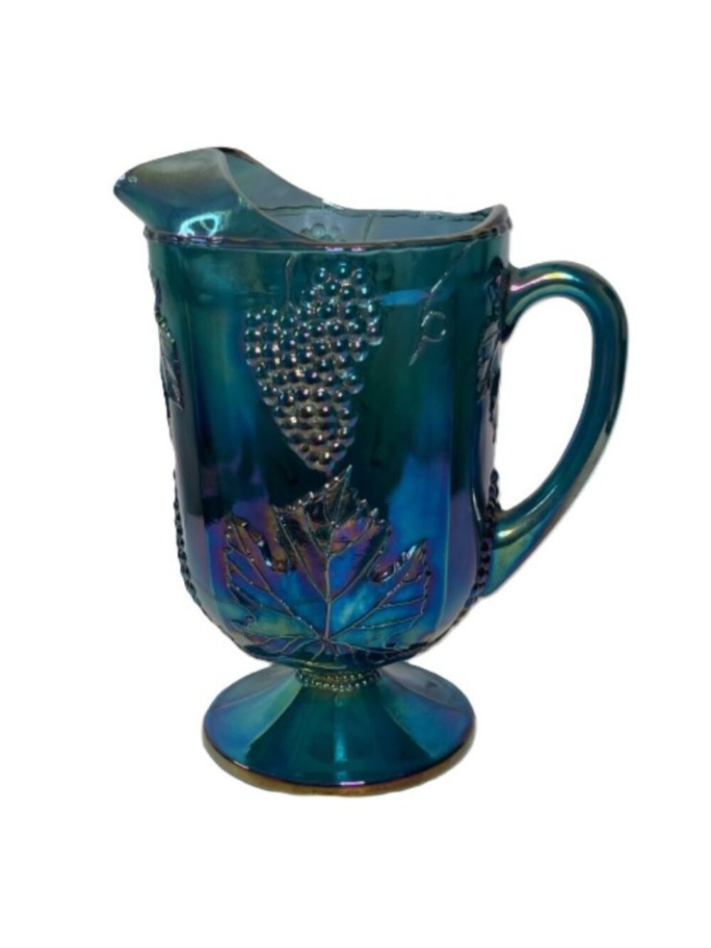 Vintage Carnival Glass Pitcher Iridescent Blue Indiana Glass Grapes and Leaves